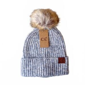 NEW CC BEANIES women's soft ribbed fur pom beanie in dove